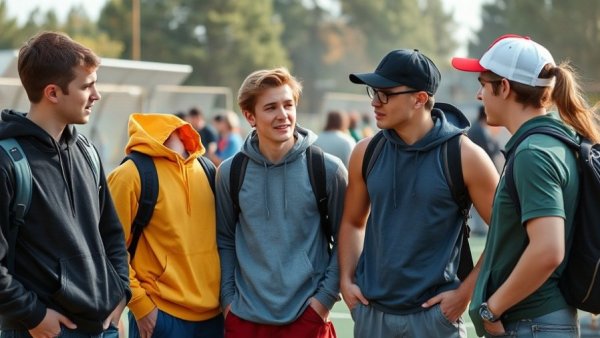 Casual outdoor discussion near sports setup, Pawtucket ice skating rink shooting context.