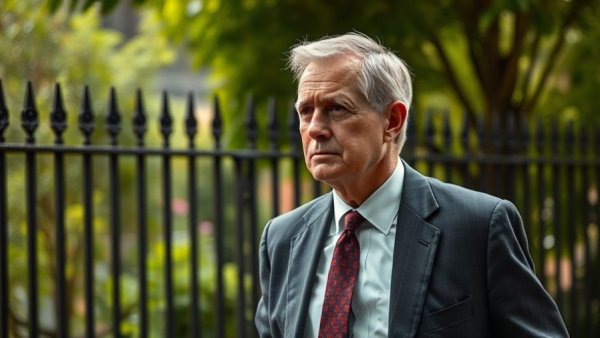 Middle-aged man in a suit glancing away, outdoors, with greenery.