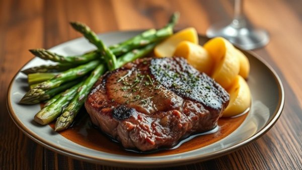 State & Main Calgary steak dish with asparagus and potatoes.