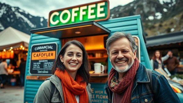 Vibrant coffee van at outdoor market with two smiling people, joyful setting.
