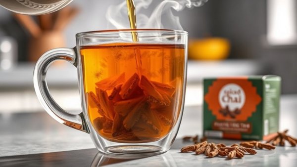 Clear glass mug with herbal tea and chai sachet box, Ethical Sourcing in Tea Industry.