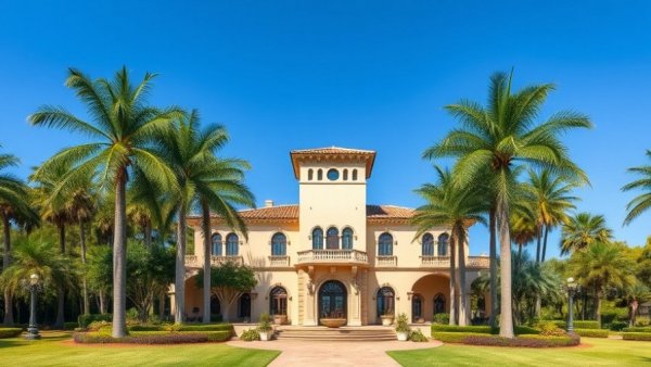 Luxurious estate with palms and guard tower at Mar-a-Lago.