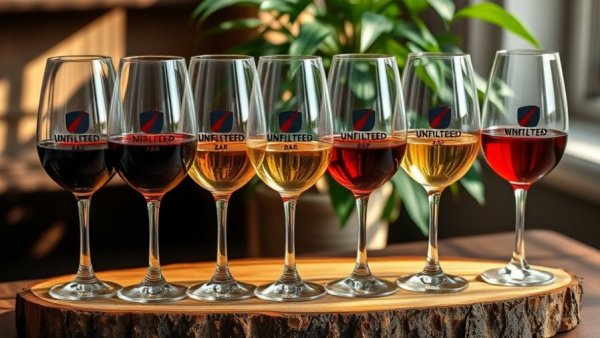 Unfiltered Wine Bar Calgary wine glasses displayed on a board