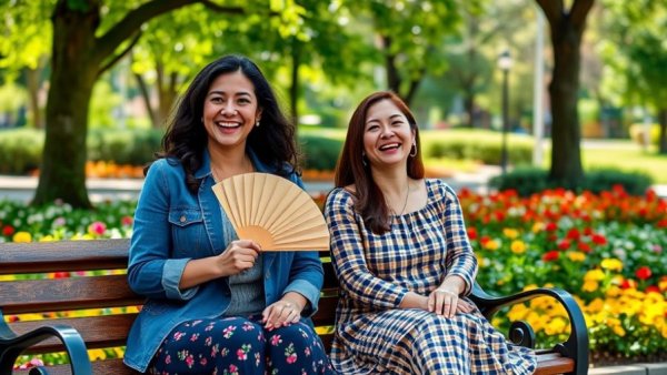 Two women sitting on a park bench smiling broadly amidst flowers and trees.