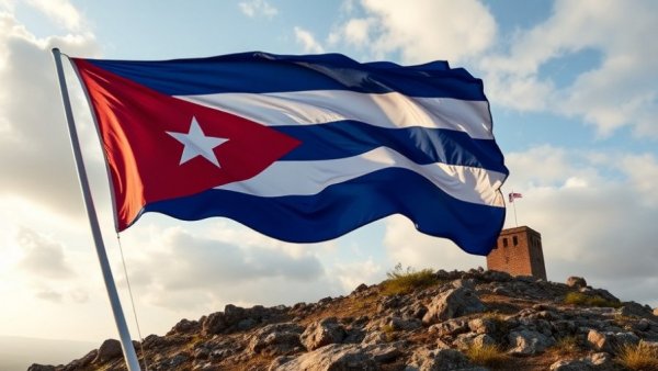Cuban flag waving on a rocky hill with watchtower silhouette.