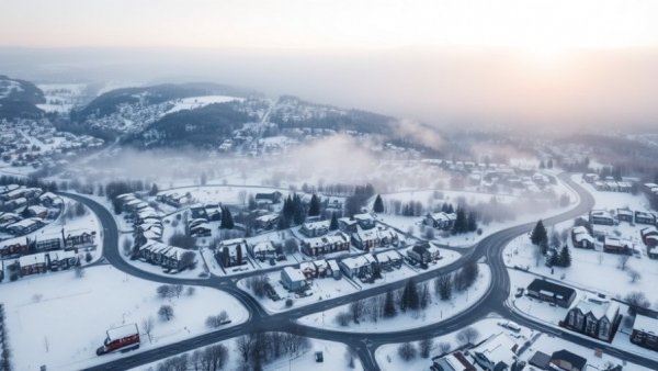 Snowy suburban landscape representing young couples choosing home ownership over weddings.