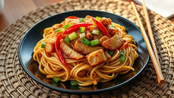 Appetizing stir-fried chow mein noodles with grilled chicken.