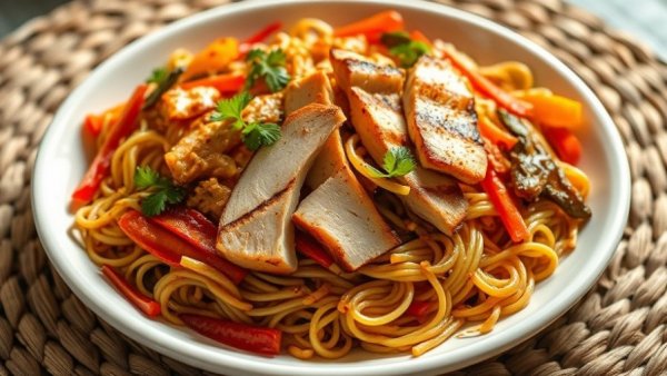 Chow Mein Noodles with Grilled Chicken on a rustic placemat.