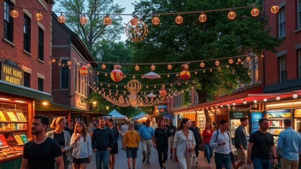 Vibrant Bowness walking trails and farmers market scene in evening