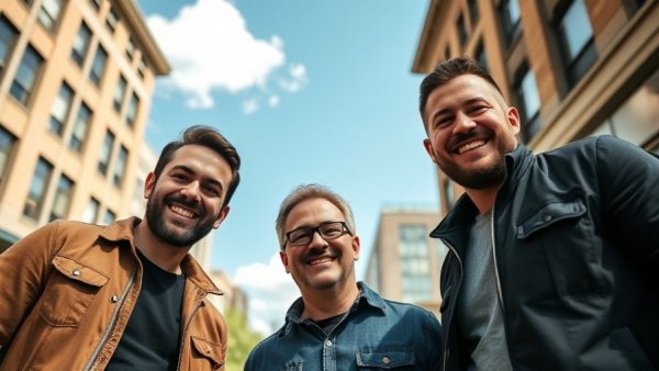 Sunny urban street scene with three smiling men posing, Calgary.