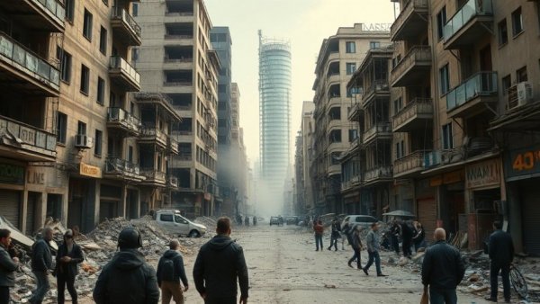 Urban conflict aftermath with damaged buildings and observers.