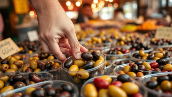 Hand selecting olives at Old Strathcona Farmers' Market.