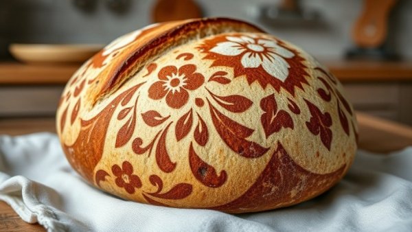 Custom sourdough loaf with intricate floral scoring pattern on gray cloth.