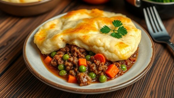 Savory shepherd's pie in Calgary with golden topping and veggies.