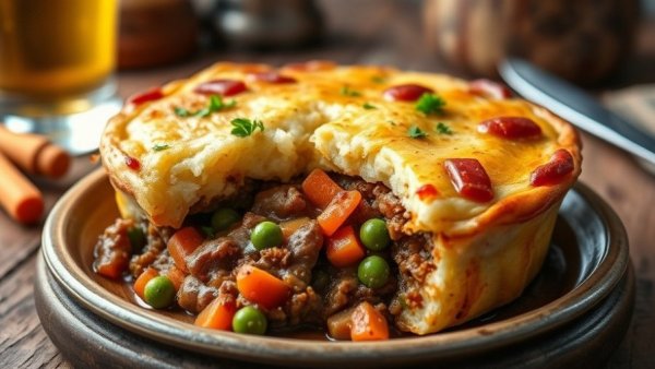 Delicious shepherd's pie in Calgary on rustic table