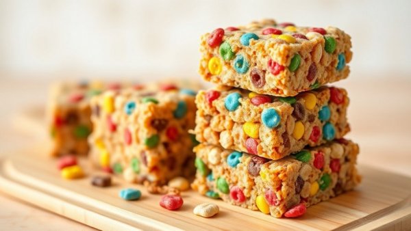 Charming Squares Recipe with colorful cereal bars stacked in a kitchen setting.
