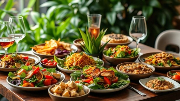 Colorful vegan dishes on a table, best vegan restaurants in Montréal.