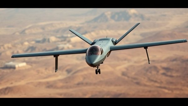 Reaper drone in flight over desert landscape.