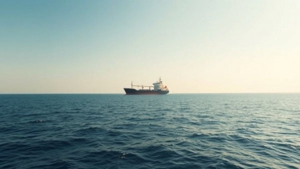 Iran military escalation: distant ship on calm sea under clear sky.