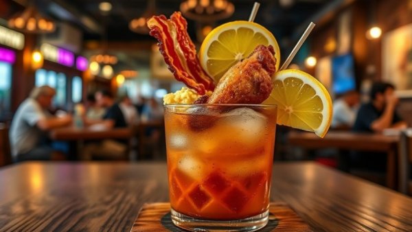 Calgary Stack Attack Culinary Event cocktail garnished with bacon, waffle, and wings.