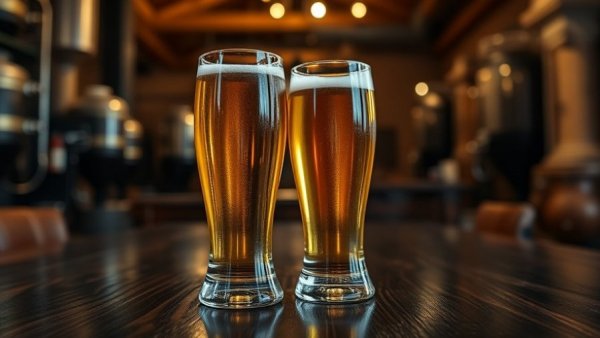 Two glasses showcasing historical brewing styles on a wooden table.