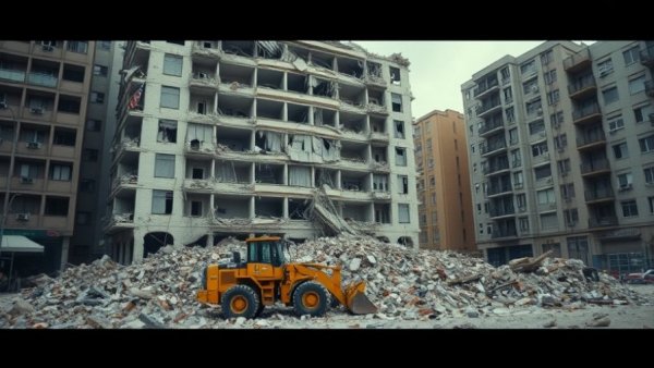 Severe storm aftermath with bulldozer clearing collapsed building rubble.