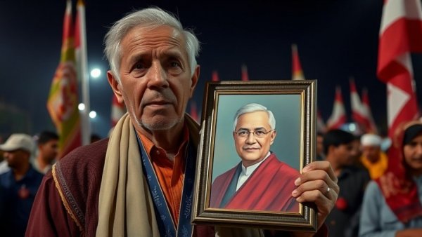 Man holding a portrait at a gathering, related to Trump peace talks with Iran.