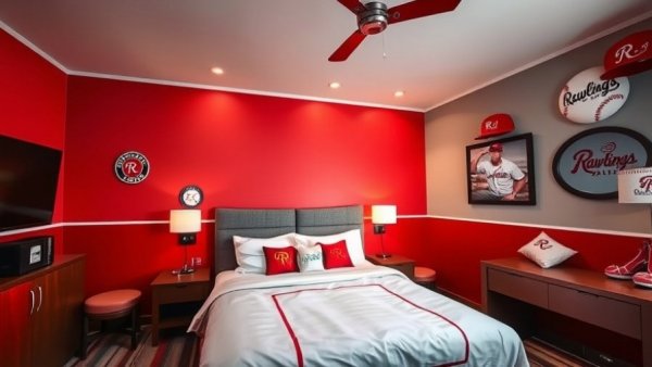 Baseball-themed Rawlings Room at Toronto Marriott with vibrant decor.