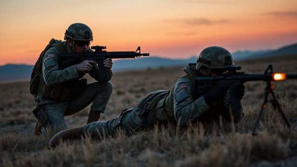 US ground troops in action during twilight on a field.