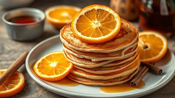 Orange and cinnamon pancakes stacked with an orange slice and cinnamon stick.