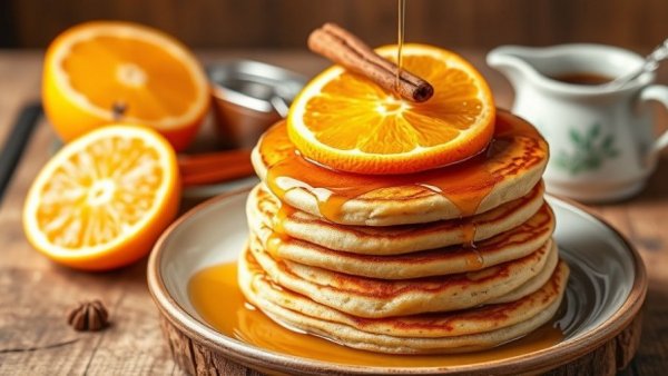 Orange and cinnamon pancakes topped with orange slice and syrup.