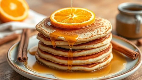 Delicious orange and cinnamon pancakes with syrup on a wooden table.
