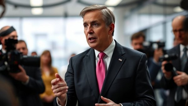 Prominent figure threatens Iran infrastructure strikes, dramatic press setting.