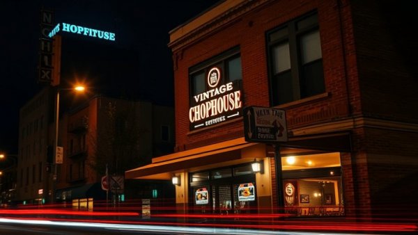 Vintage Chophouse glowing at night with light trails.