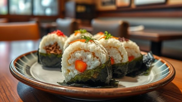 Japanese rice balls with toppings on a plate in a Calgary restaurant.
