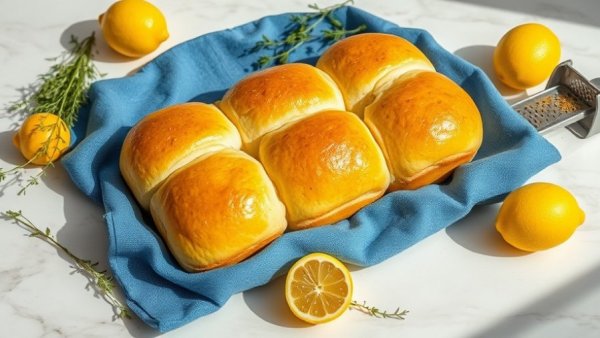 Golden lemon thyme buns on marble, fresh lemons and thyme.