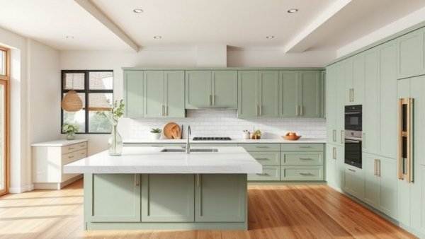Modern kitchen with sage green cabinets, embracing spring colors.