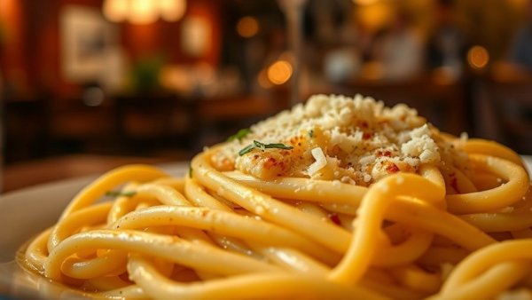 Delicious carbonara, creamy sauce, garnish, steam rising.