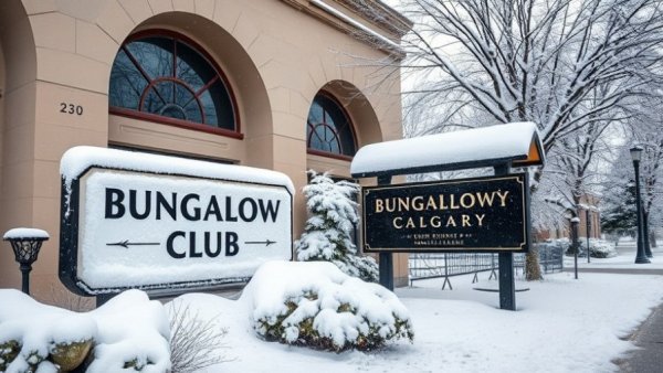 Snowy Bungalow Club Calgary sign in winter setting.