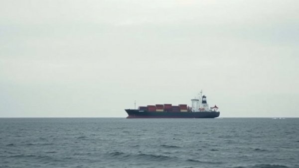 Cargo ship in the Strait of Hormuz with overcast sky