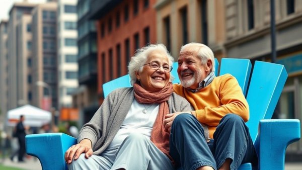 Couple relaxing on a large blue chair, sunny urban setting.