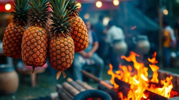 Pineapples roasting over flames at Brewery & the Beast Calgary festival.