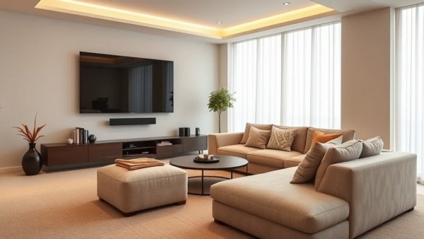 Contemporary living room with plush sofa and TV, flexible living spaces