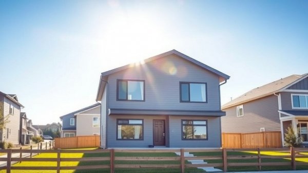 Affordable modern home in Calgary with grey exterior and large windows.