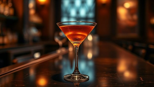 Elegant Pornstar Martini on dimly lit Toronto bar counter.