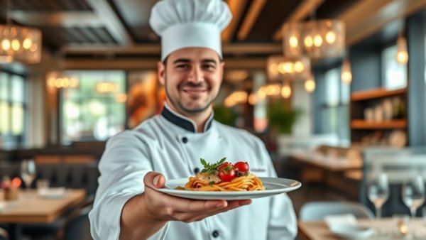 Italian chef presenting cuisine in Calgary restaurant.