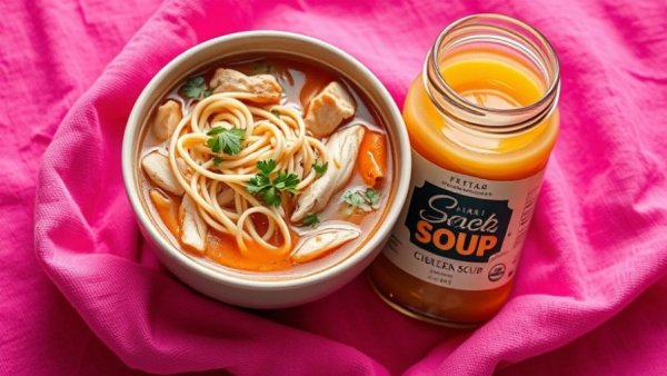 Spoon Fed Soup Calgary: Chicken noodle soup and branded jar on pink cloth.