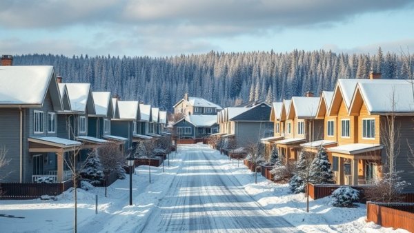 Row of houses under construction in snowy Canadian suburb, home prices decline context.
