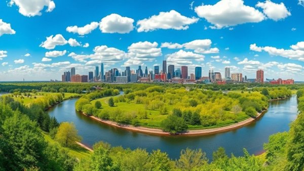 Scenic view of Calgary skyline from a lush riverside landscape, bright sky.