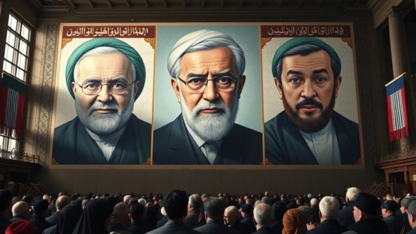 Murals of Iranian leaders with a crowd below in a dimly lit hall.